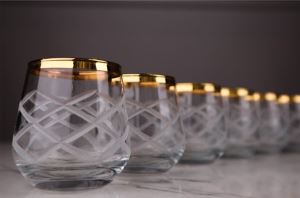 Altın Şeritli Kesme Polo Dekorlu Mini Kahve Yanı Su Bardağı (6